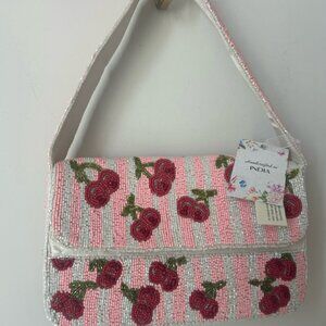 Viral beaded Cherry Pink striped shoulder bag